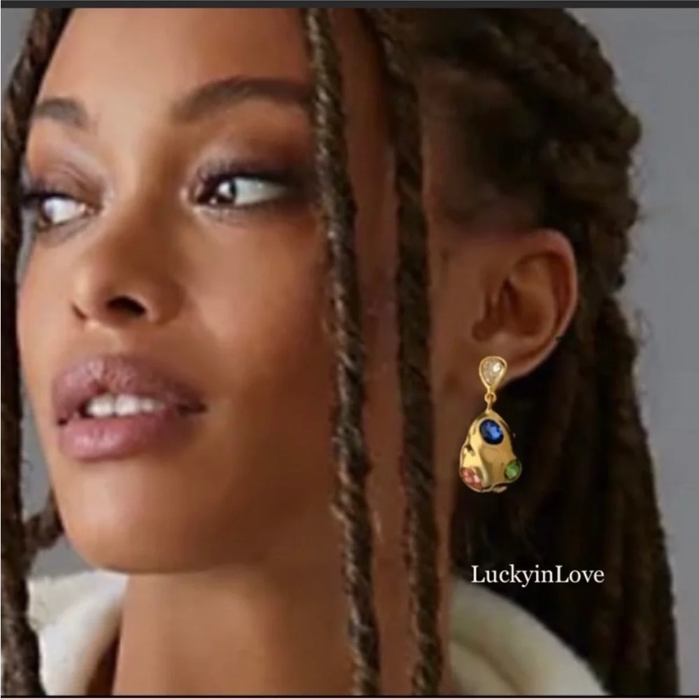ALEXIS BITTAR • Puffy Crystal Blue Rose Green Gold Molten Drop Earrings